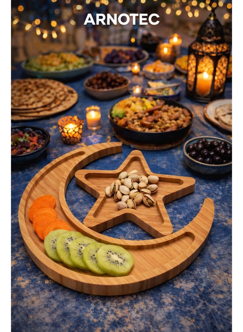 ARNOTEC Ramadan Wooden Serving Tray Moon & Star – Eid Mubarak Decorative Food Platter for Desserts, Dates & Snacks, Islamic Home Table Centerpiece (35 × 33.3 cm) - Image 1